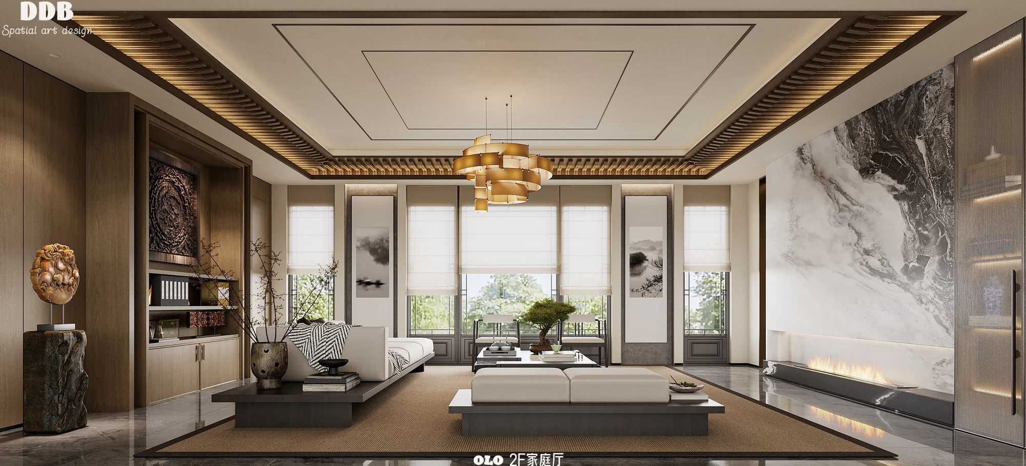 The same room fully furnished and styled β sofas, chandelier, and dΓ©cor