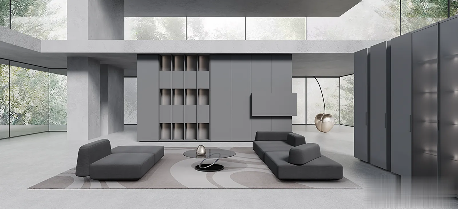 Gray minimalist custom cabinetry and media wall